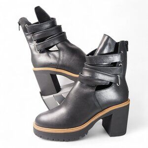 Free People Jesse Cutout Platform Chunky Heel Boots Women's 9/39.5 Black Leather